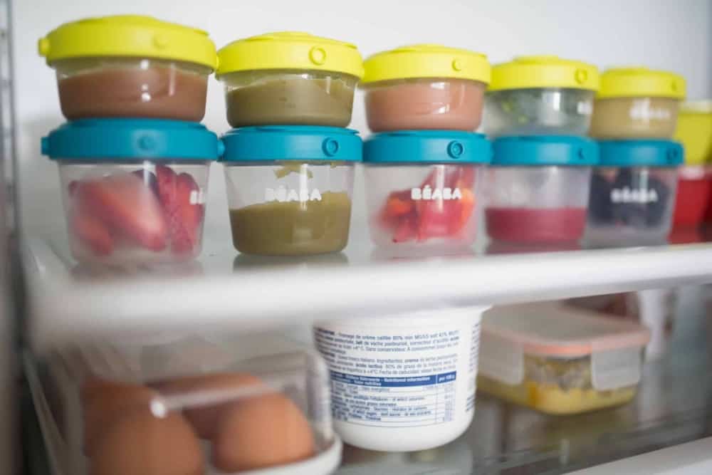 Beaba Clip Containers with puree and fruit in fridge