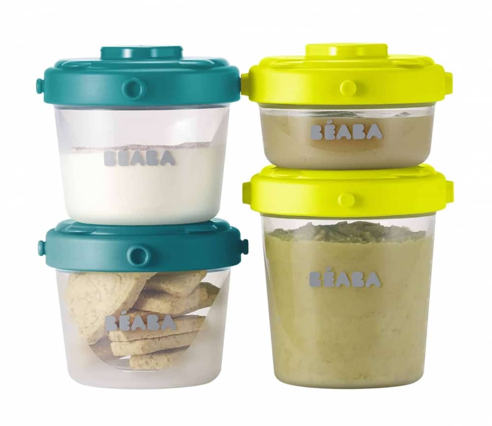 Beaba Clip Containers in peacock with puree and crackers