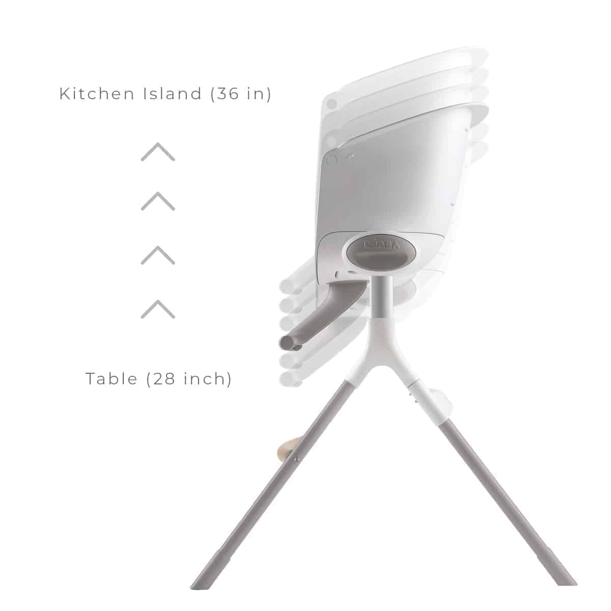 BEABA Up & Down High Chair can go from 28 inches to 36 inches