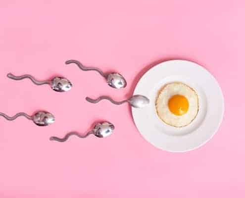 spoons that look like sperm arranged toward plate with egg
