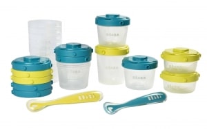 Beaba 12 piece Clip Containers in peacock with silicone spoons