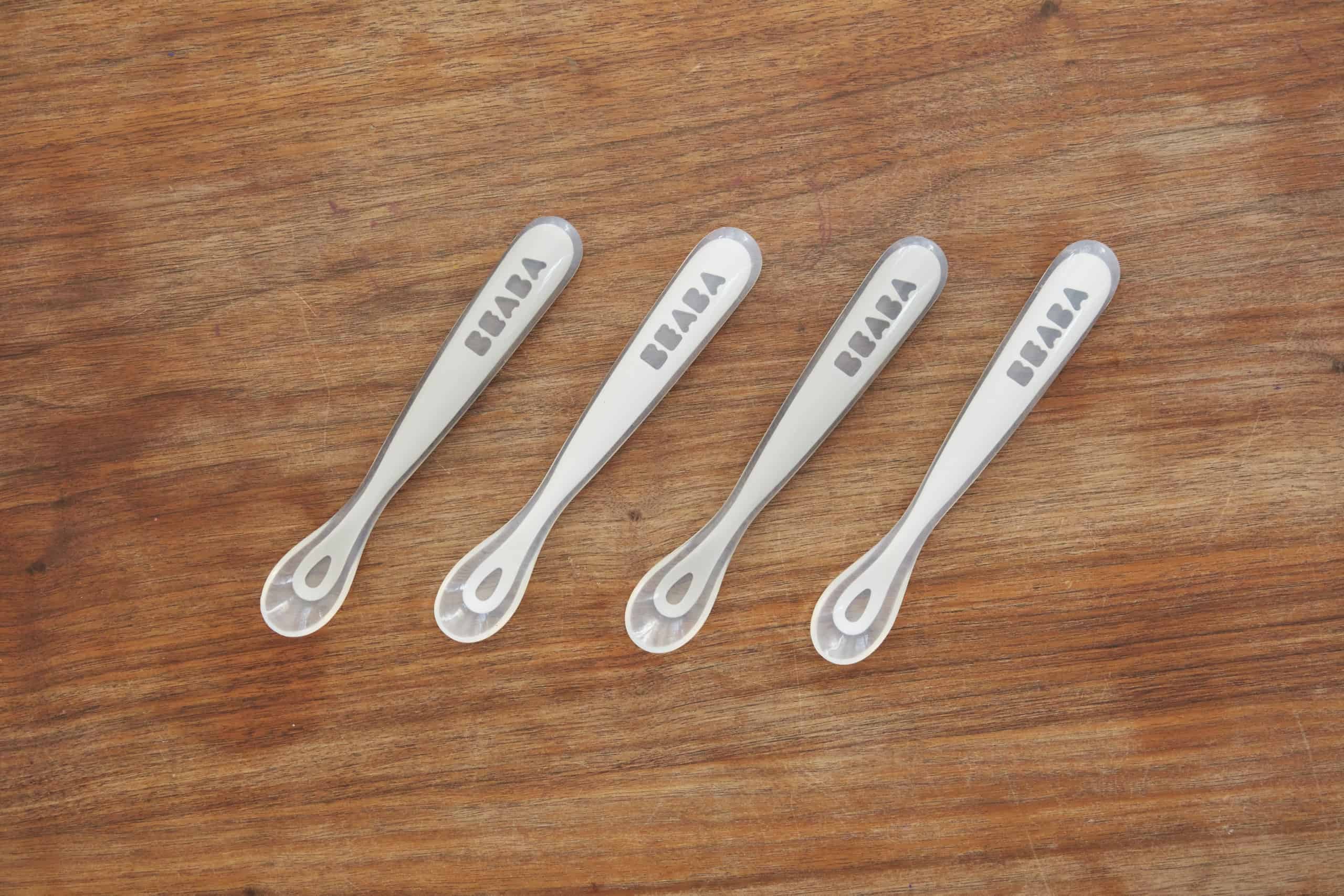 Baby’s First Foods Silicone Spoons Set of 4 Cloud on Wood Table