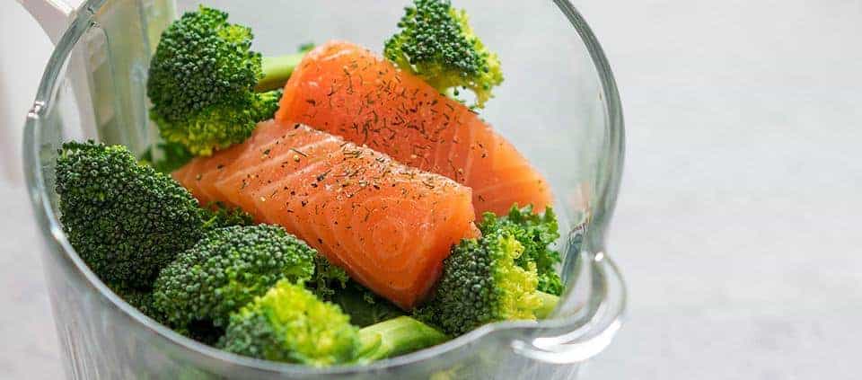 Salmon Broccoli in Babycook Bowl Before Steaming