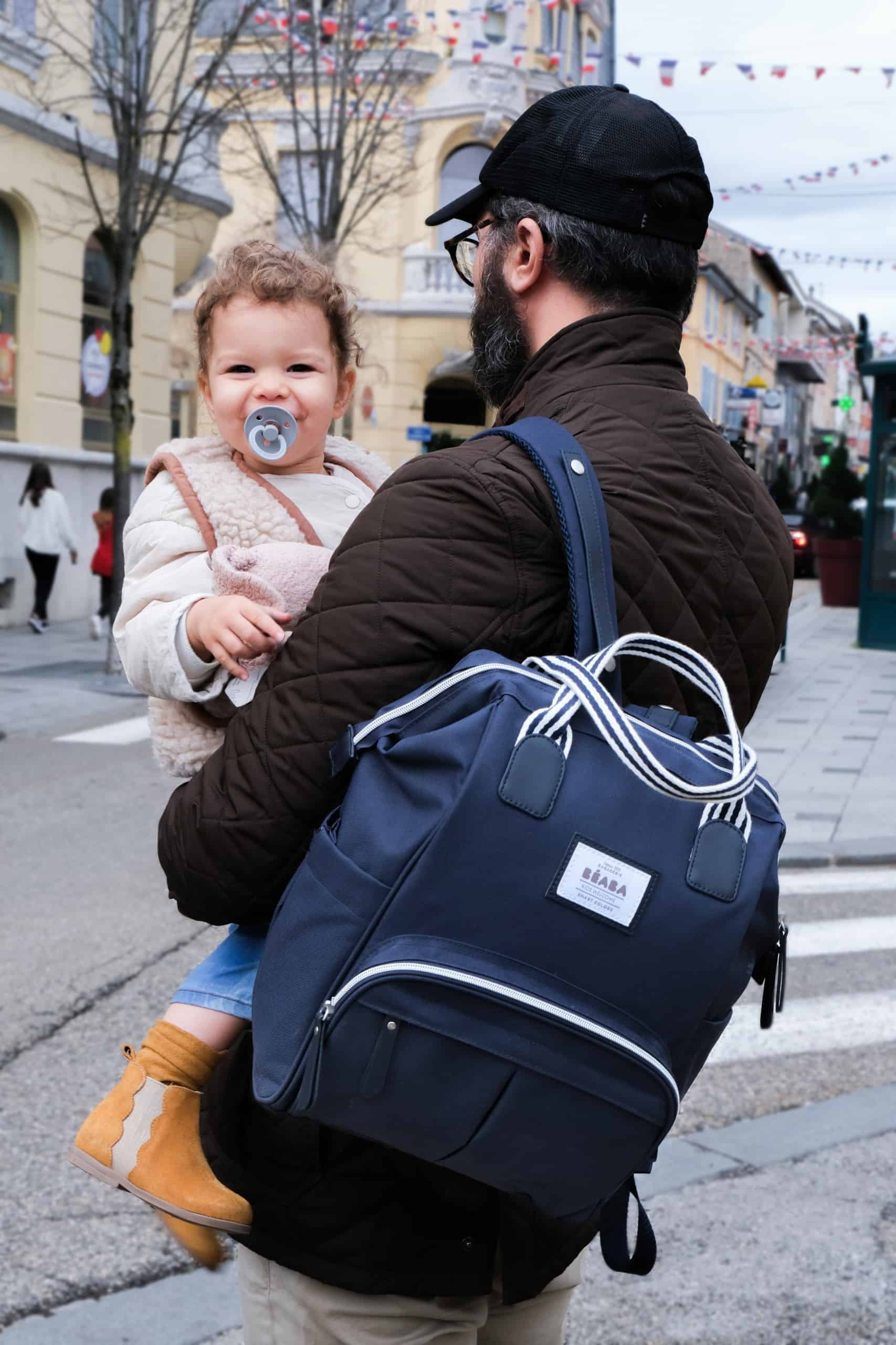 Dad Holding Daughter Wearing Wellington Backpack Diaper Bag Navy