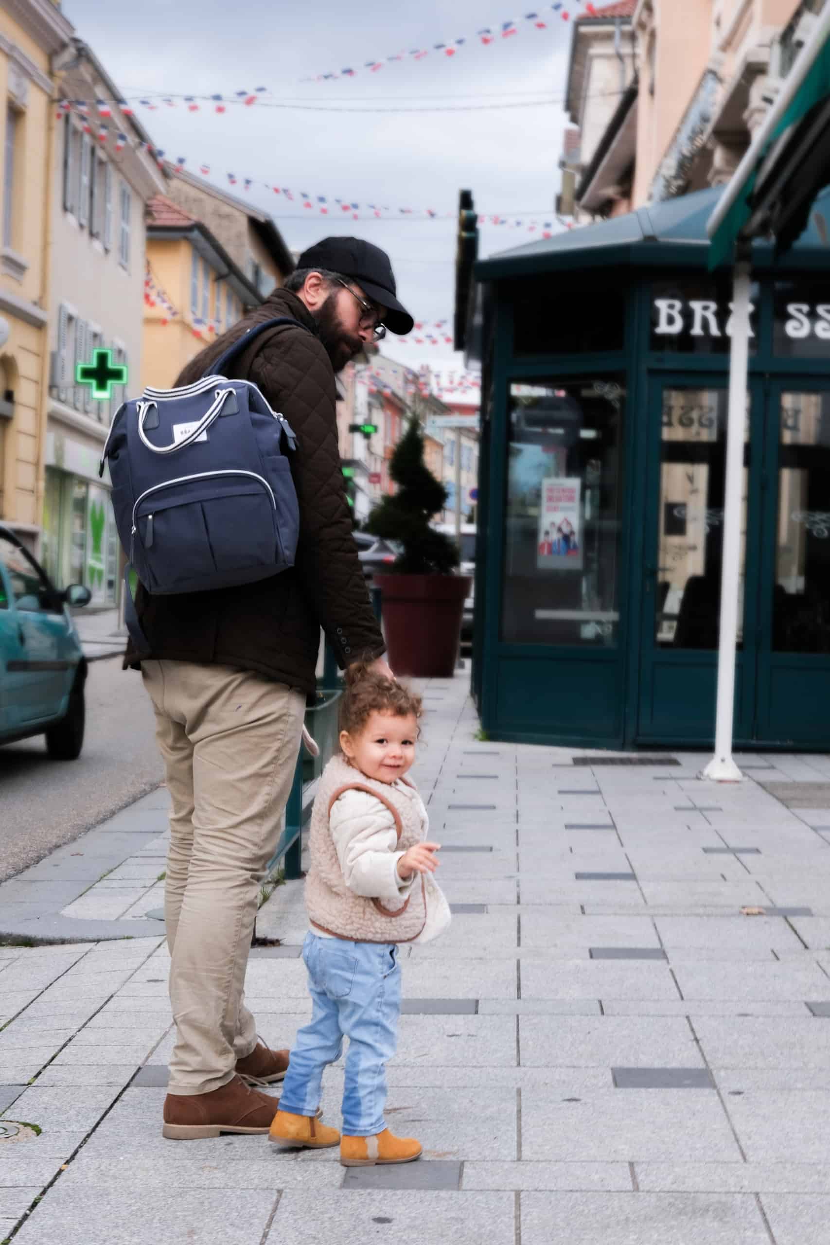 Dad Walking with Daughter using Wellington Backpack Diaper Bag Navy