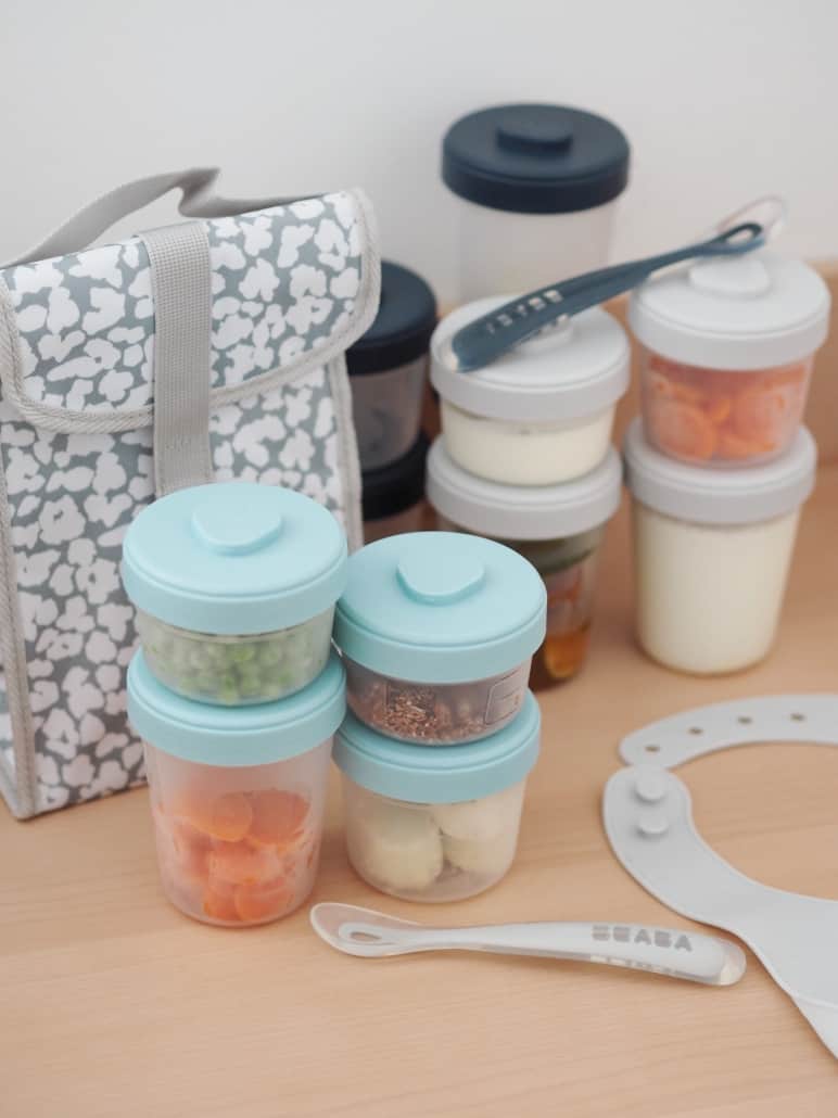BEABA baby food clip containers on table