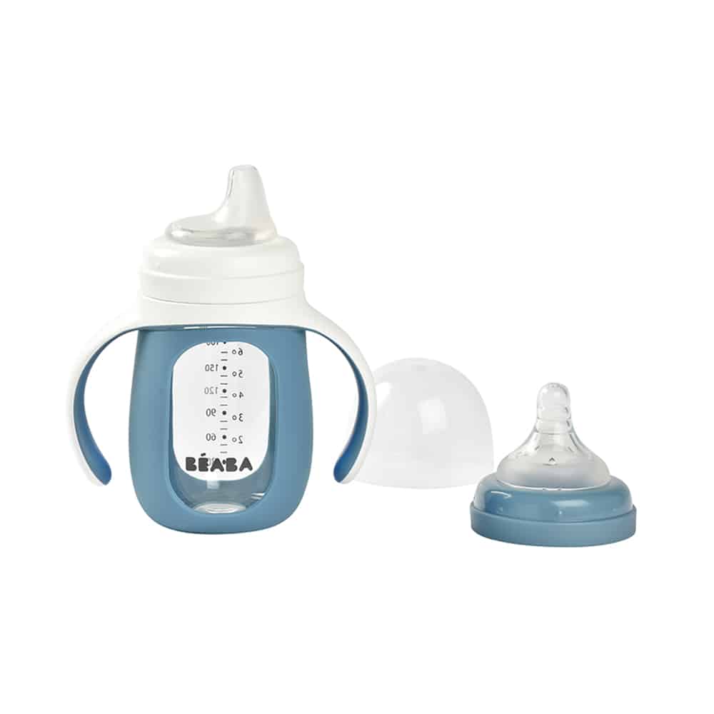 2-in-1 Glass Training Cup Rain Cap Off next to nipple