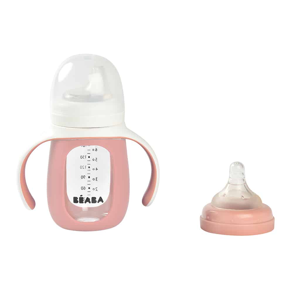2-in-1 Glass Training Cup_Rose lid on next to nipple