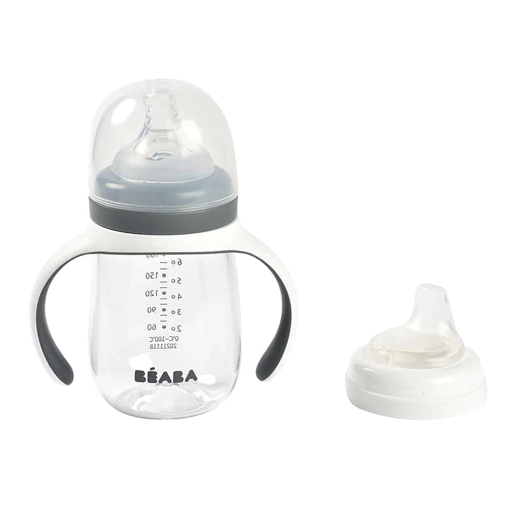 2-in-1 bottle to sippy training cup charcoal with cap next to spout