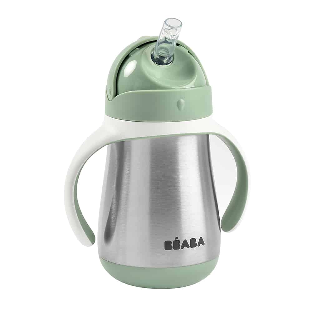 Beaba stainless steel straw sippy cup in sage with straw