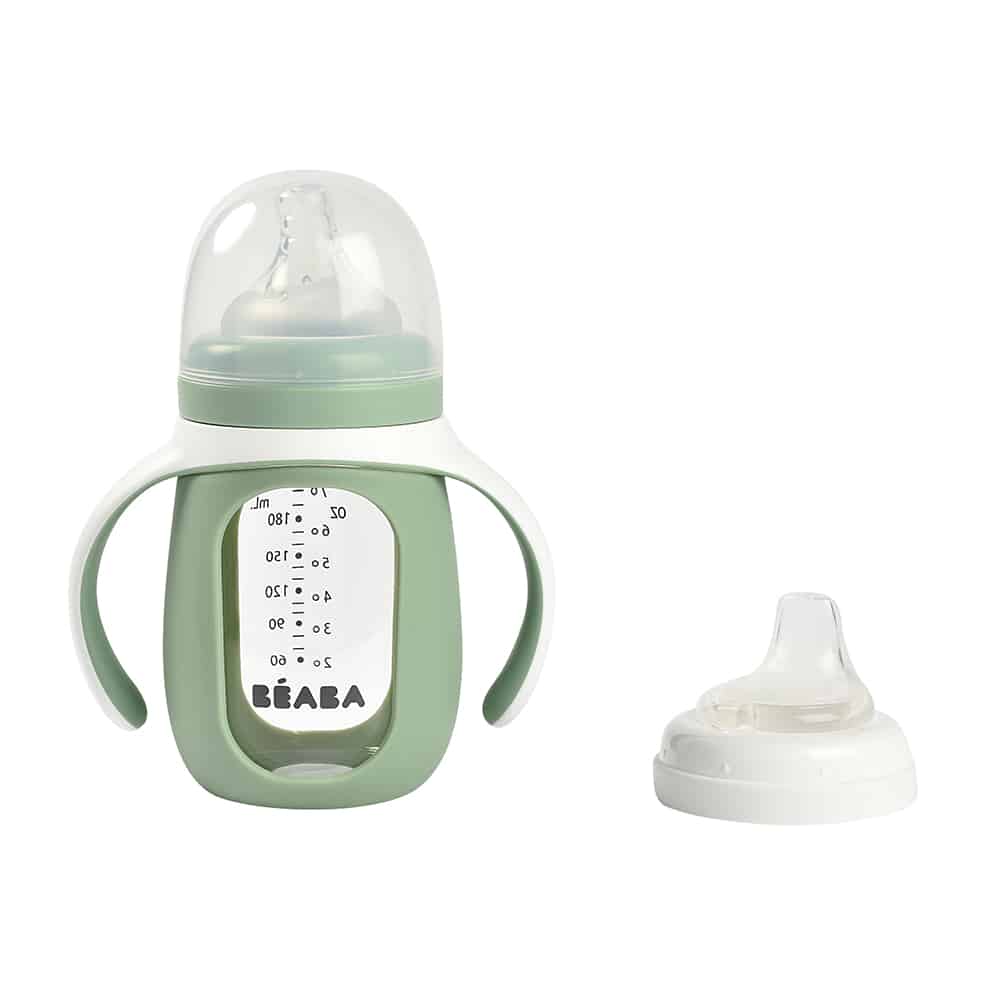 Beaba 2-in-1 glass training cup sage cap on next to spout