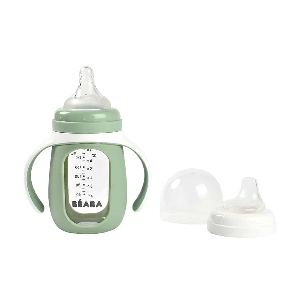 Beaba 2-in-1 glass training cup sage cap off next to nipple
