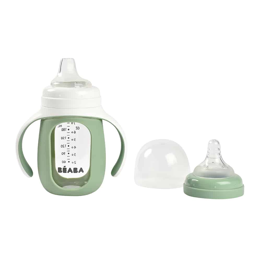 Beaba 2-in-1 glass training cup sage cap on next to nipple