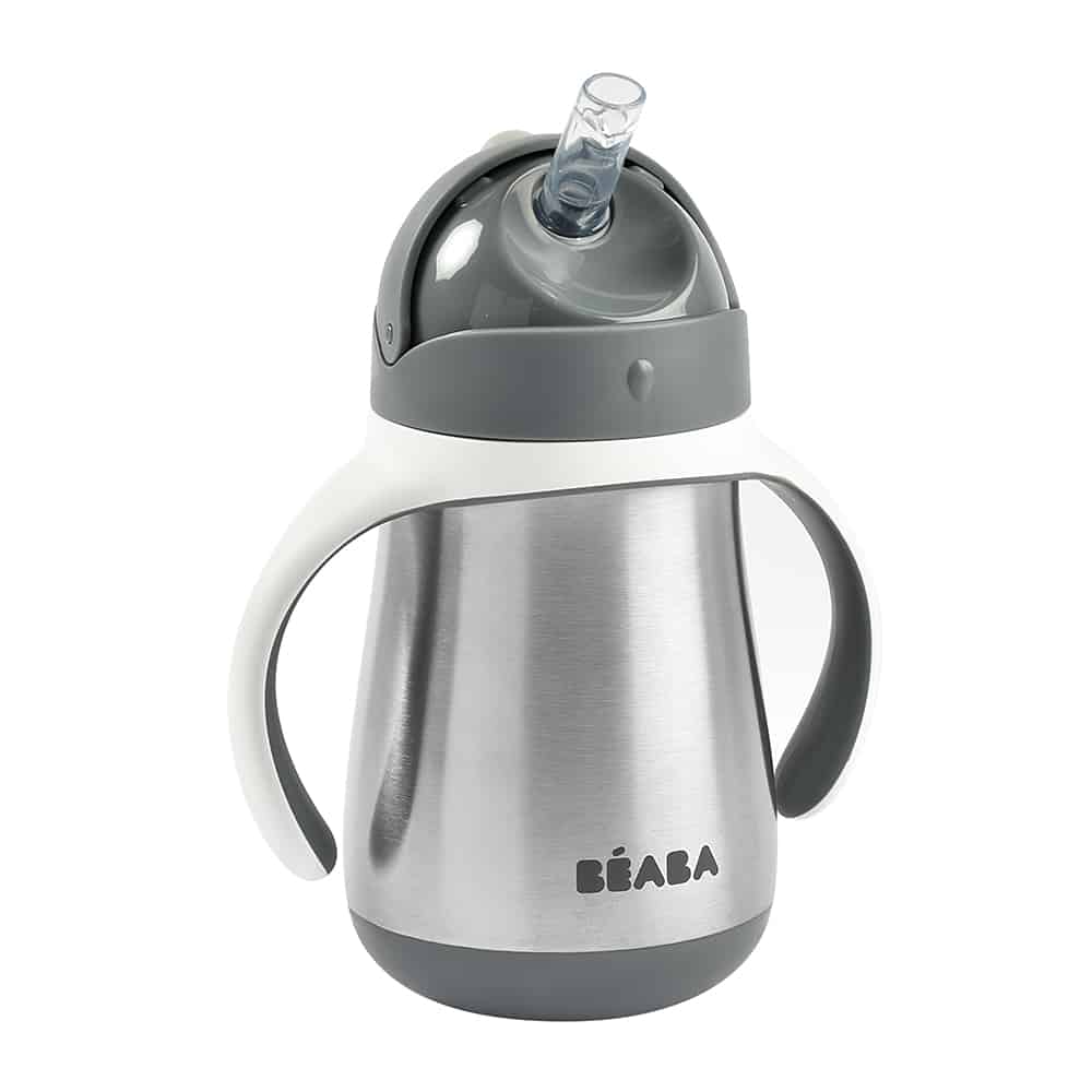 Beaba stainless steel straw sippy cup in charcoal with handles and straw