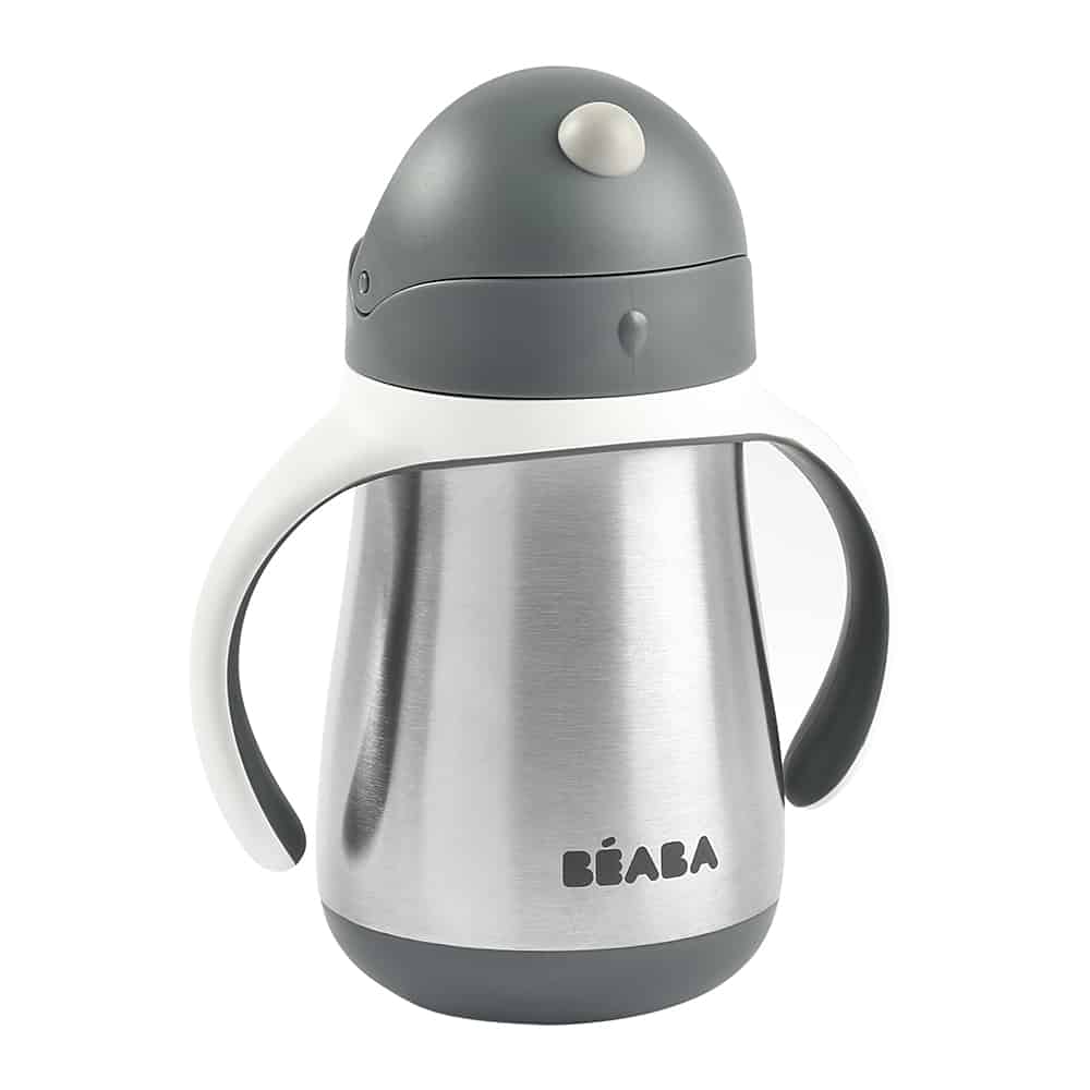 Beaba stainless steel straw sippy cup in charcoal with handles