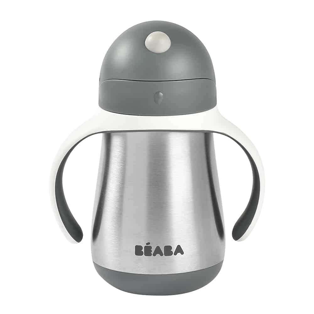 Beaba stainless steel straw sippy cup in charcoal closed lid