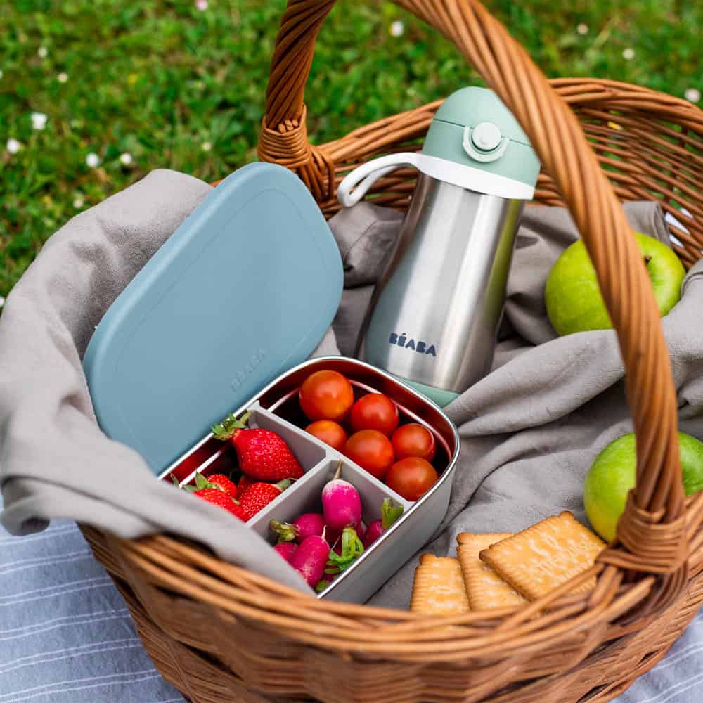 stainless steel lunch box rain with three compartments filled with red fruit in a basket with the kids stainless steel water bottle