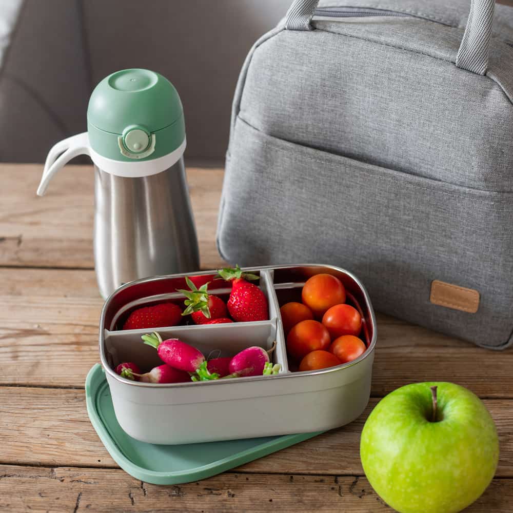 stainless steel lunch box sage on pic nic blanket with radishes and cherries with stainless steel kids water bottle
