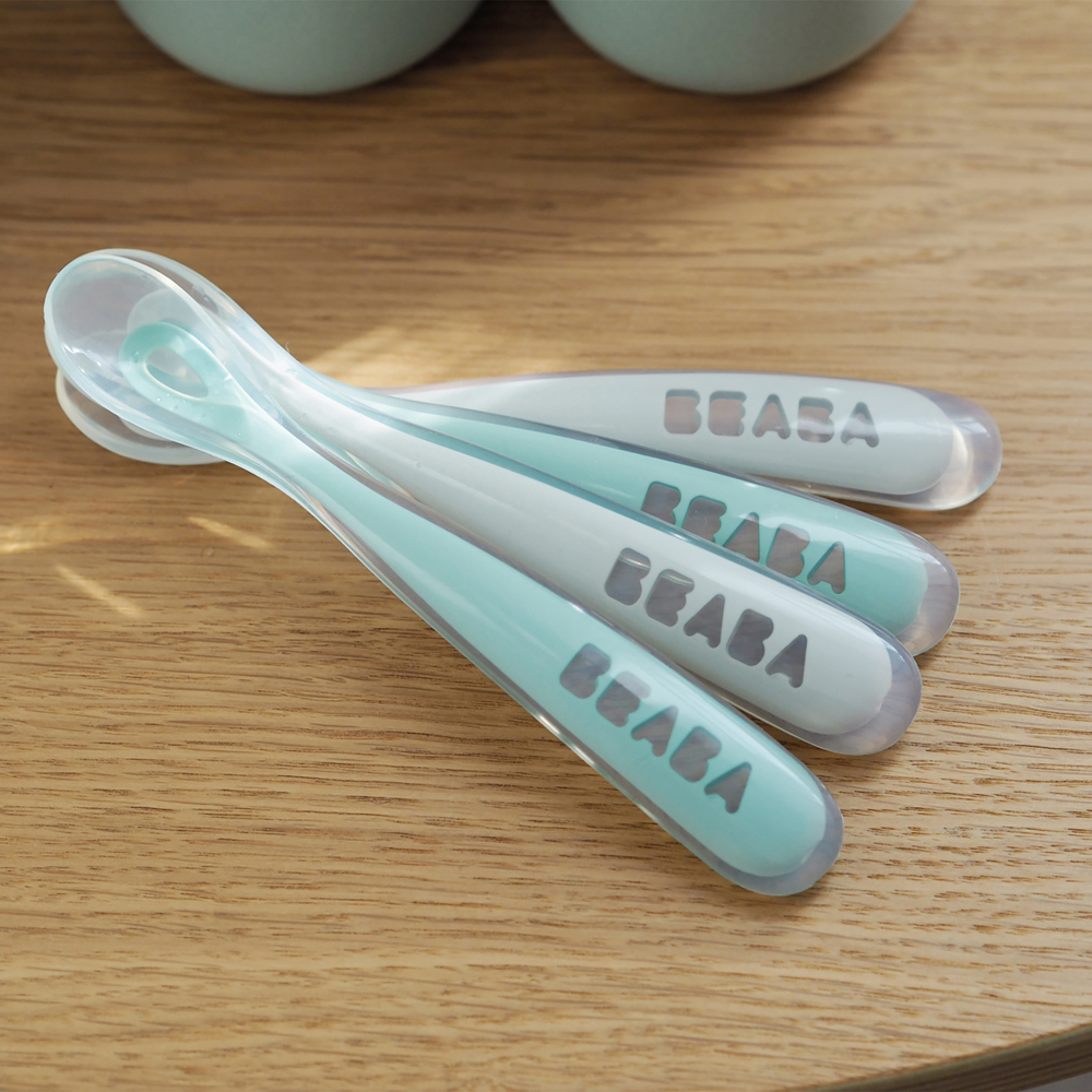 beaba babys first foods silicone spoon set of 4 sage on counter